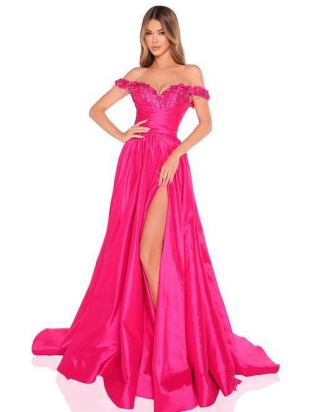 Amarra 88213 Elegant Off-Shoulder Fuchsia Prom Gown with High Slit size 18